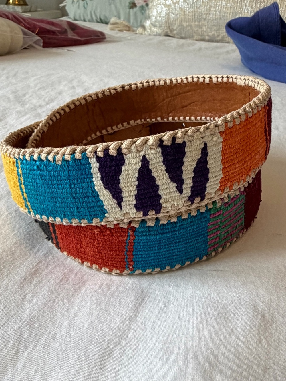 Vintage Southwest Guatemala Tooled Leather Belt Colorful Handmade Size 36 Boho - Picture 3 of 10